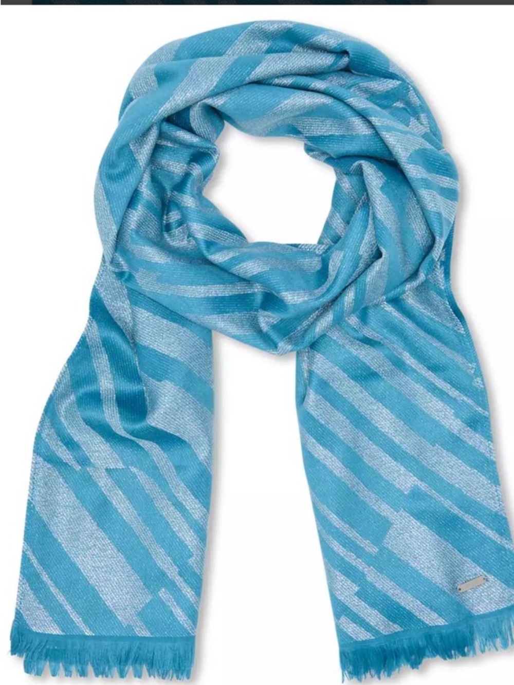 Calvin Klein Teal and Silver geometric Zebra-Stripe Wrap Scarf